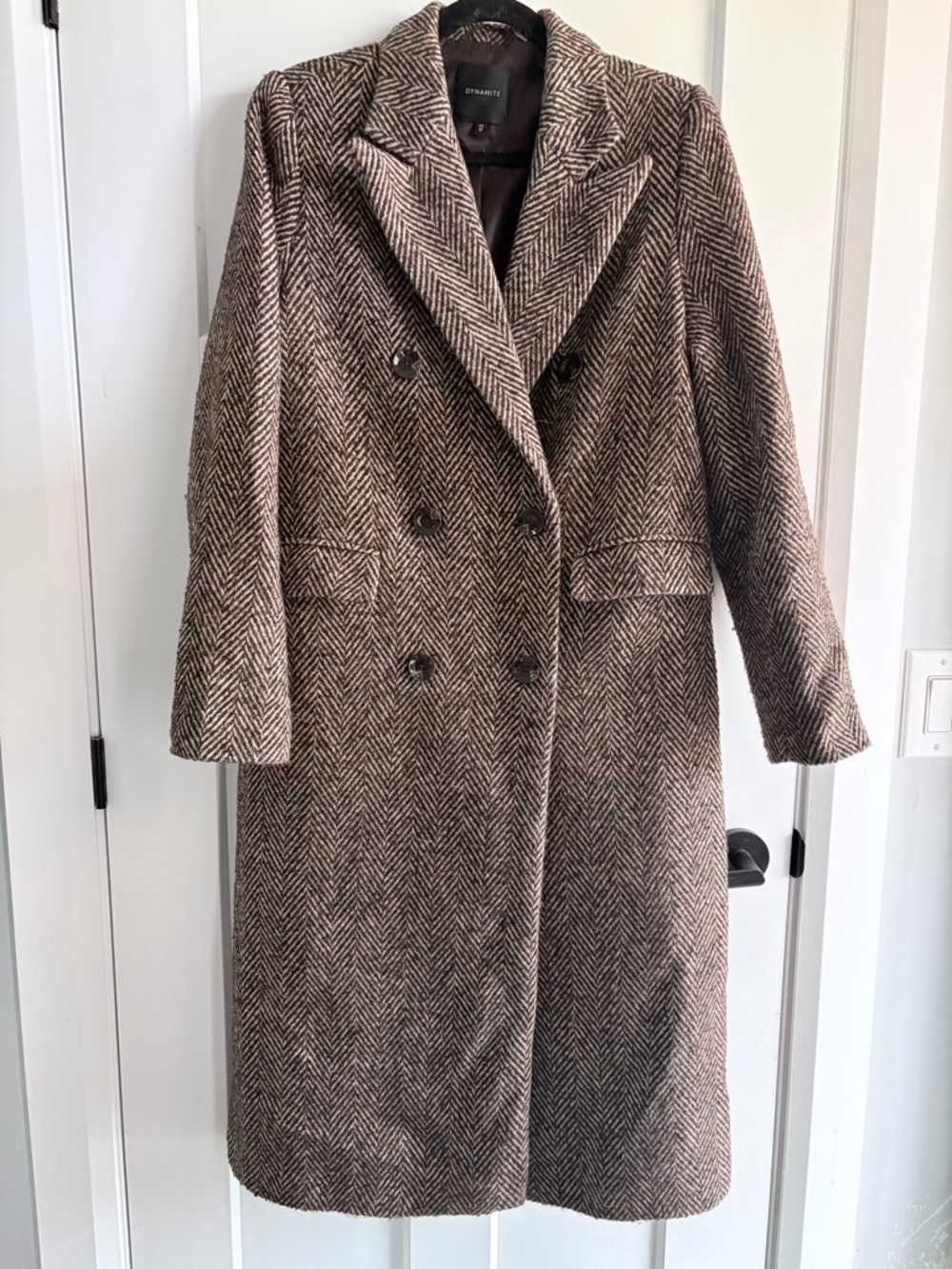 Dynamite Brown Herringbone Double-Breasted Pea Coat